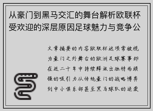 从豪门到黑马交汇的舞台解析欧联杯受欢迎的深层原因足球魅力与竞争公平性