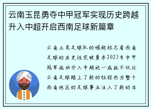 云南玉昆勇夺中甲冠军实现历史跨越升入中超开启西南足球新篇章